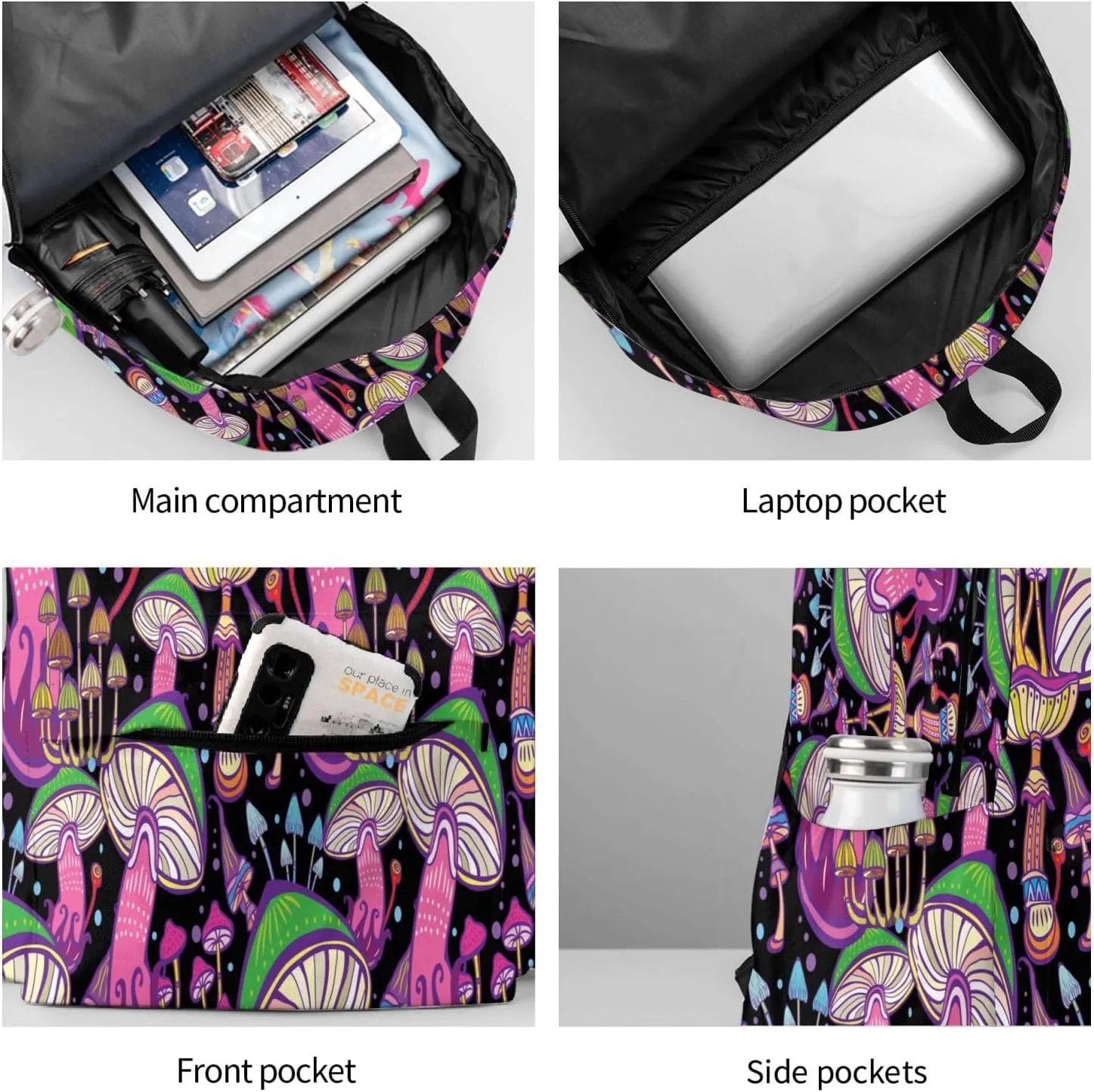 Doodle Mushrooms Laptop Commuter Backpack Shoulder Bag Casual Back Pack Daypack Bags With Side Pockets For Work Travel Daily Use