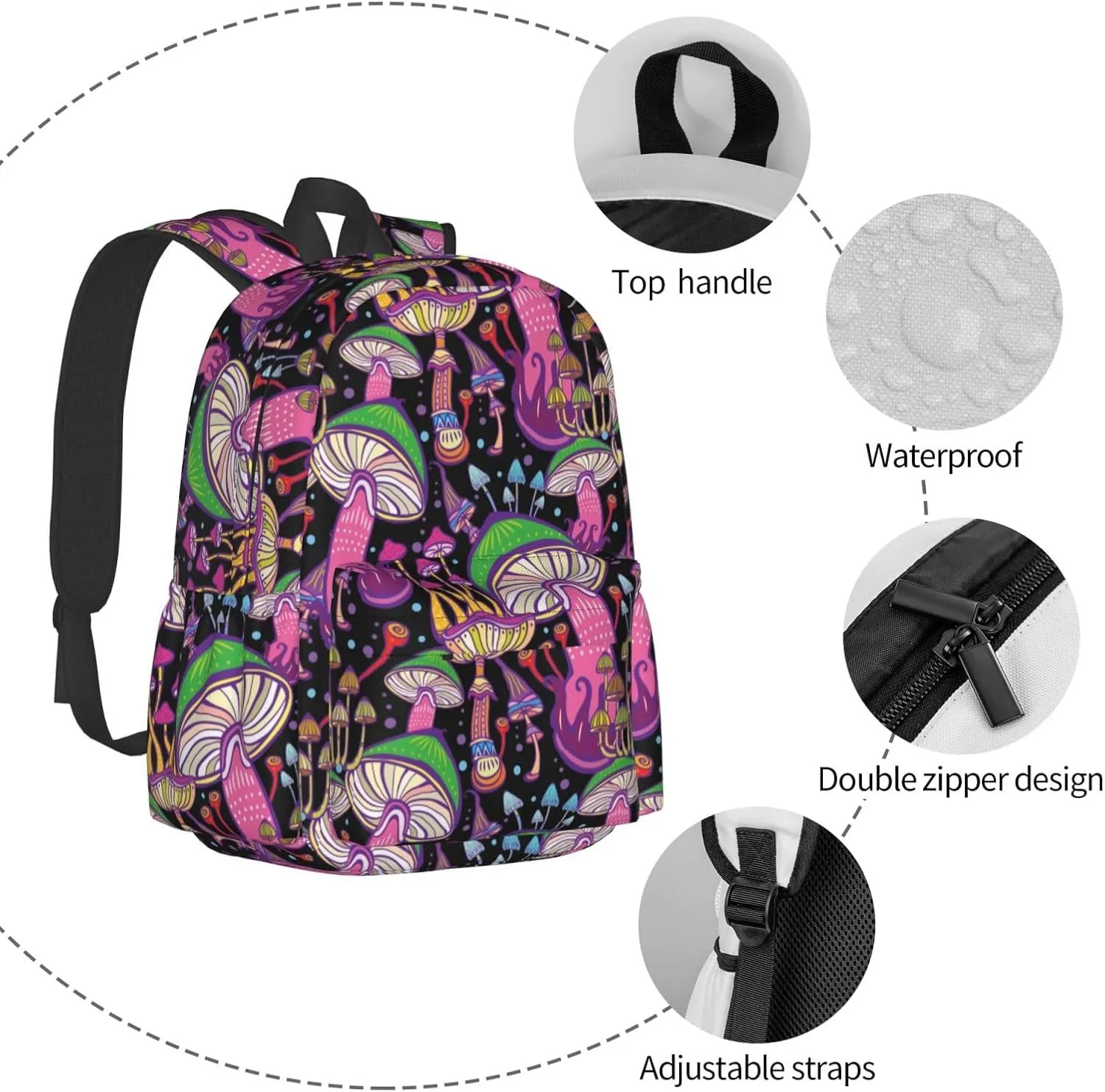 Doodle Mushrooms Laptop Commuter Backpack Shoulder Bag Casual Back Pack Daypack Bags With Side Pockets For Work Travel Daily Use