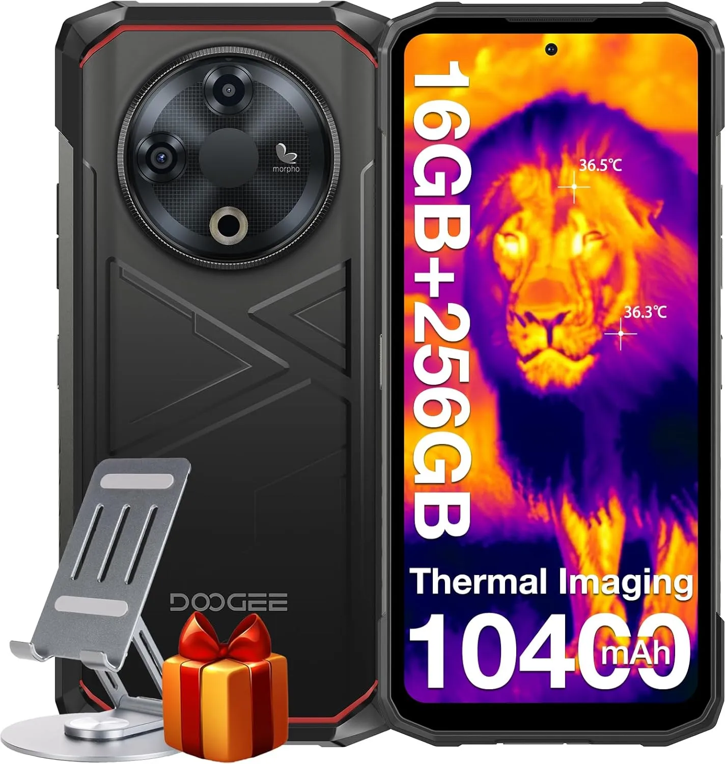 DOOGEE Fire 6 Rugged Smartphone, Thermal Imaging Camera, 10400mAh,16GB 256GB/TF 2TB Rugged Phone, 50MP AI Camera, 6.56" HD IPS Unlocked Cell Phone, 3 Cards Slot/IP68/IP69K/Face Unlock/Fingerprint/OTG