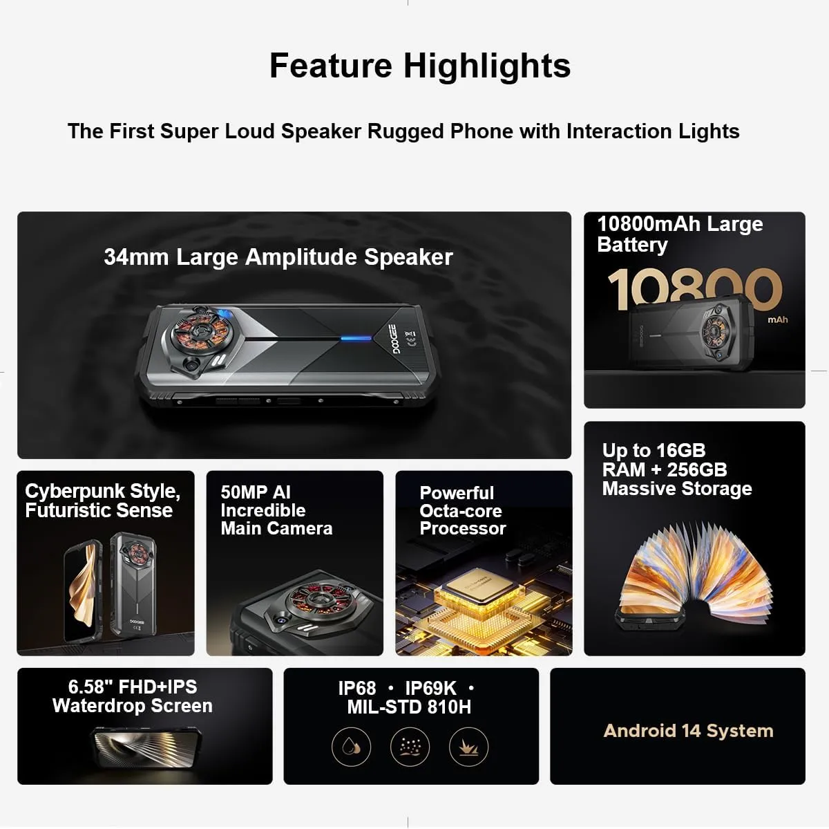 DOOGEE S Punk Rugged Smartphone Android 14, Breathing Light, 34mm Large Speaker, 10800mAh, 6.58" FHD  Display, 16GB RAM 256GB ROM, 50MP Camera, Octa Core, 4G Dual SIM Cell Phone, Face ID, NFC, Black