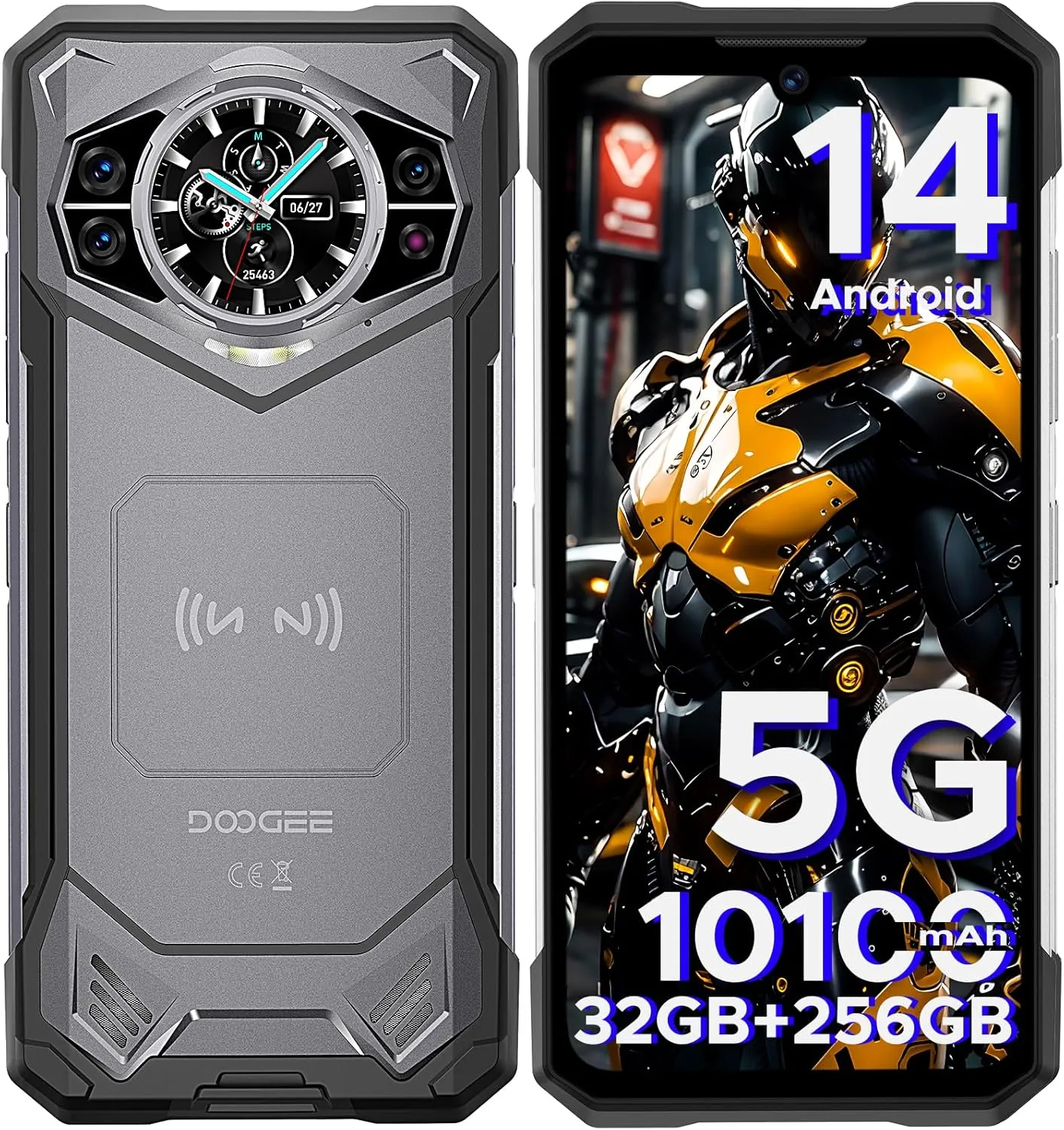 DOOGEE S200 Rugged Smartphone 5G Unlocked, 256GB 32GB Rugged Phone with 1.32" Rear Screen, 10100mAh Battery, Android 14,100MP 20MP Night Vision Camera