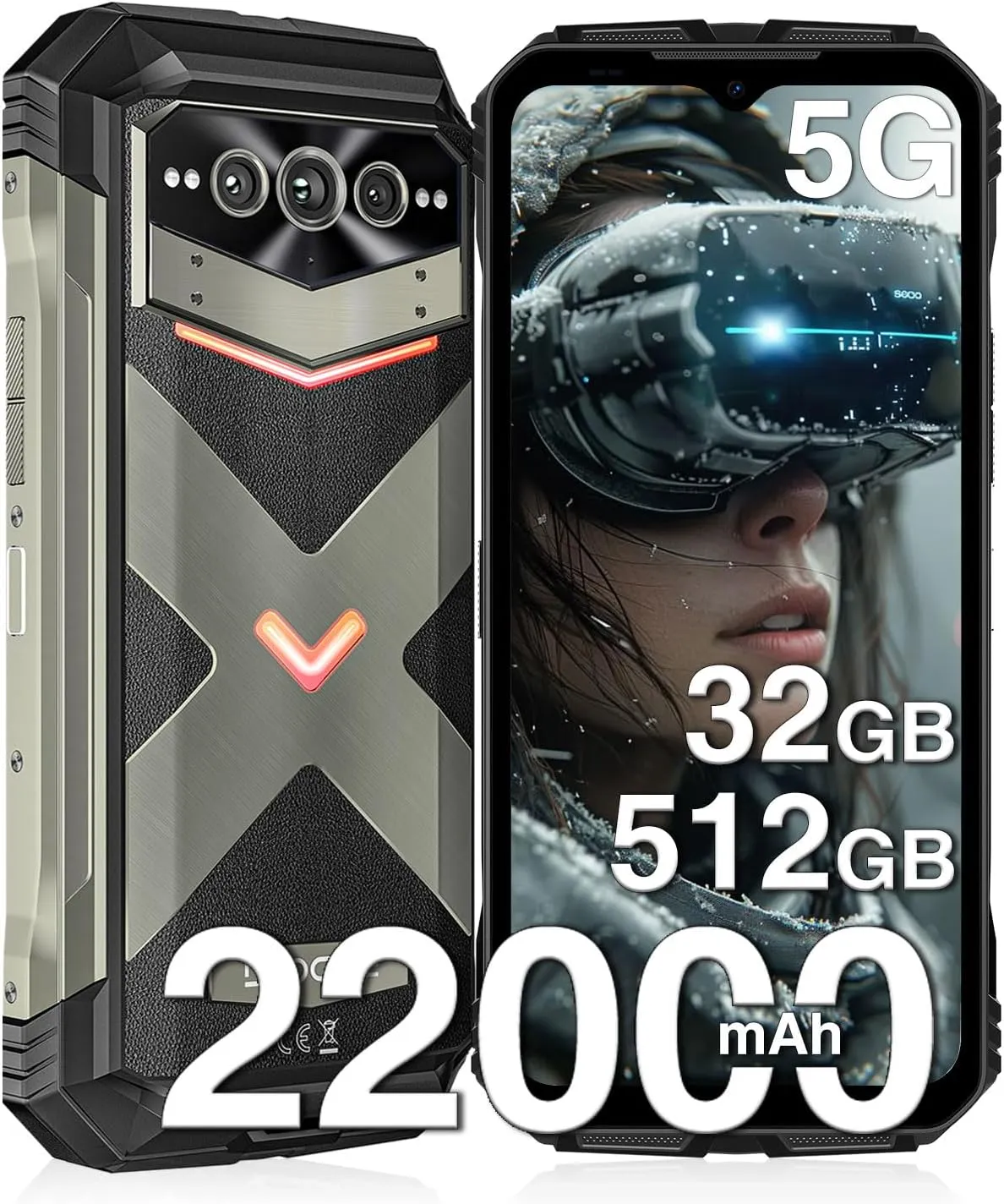 DOOGEE V Max Pro 5G Rugged Smartphone,22000mAh 32GB 512GB/TF 2TB Rugged Phone Unlocked Android 14,108MP 20MP Rugged Cell Phone,6.58" FHD 120Hz IPS Screen,IP68/IP69K Waterproof Phone,NFC/Face ID/WIFi 6