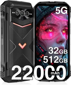 DOOGEE V Max Pro 5G Rugged Smartphone,22000mAh 32GB 512GB/TF 2TB Rugged Phone Unlocked Android 14,108MP 20MP Rugged Cell Phone,6.58" FHD 120Hz IPS Screen,IP68/IP69K Waterproof Phone,NFC/Face ID/WIFi 6