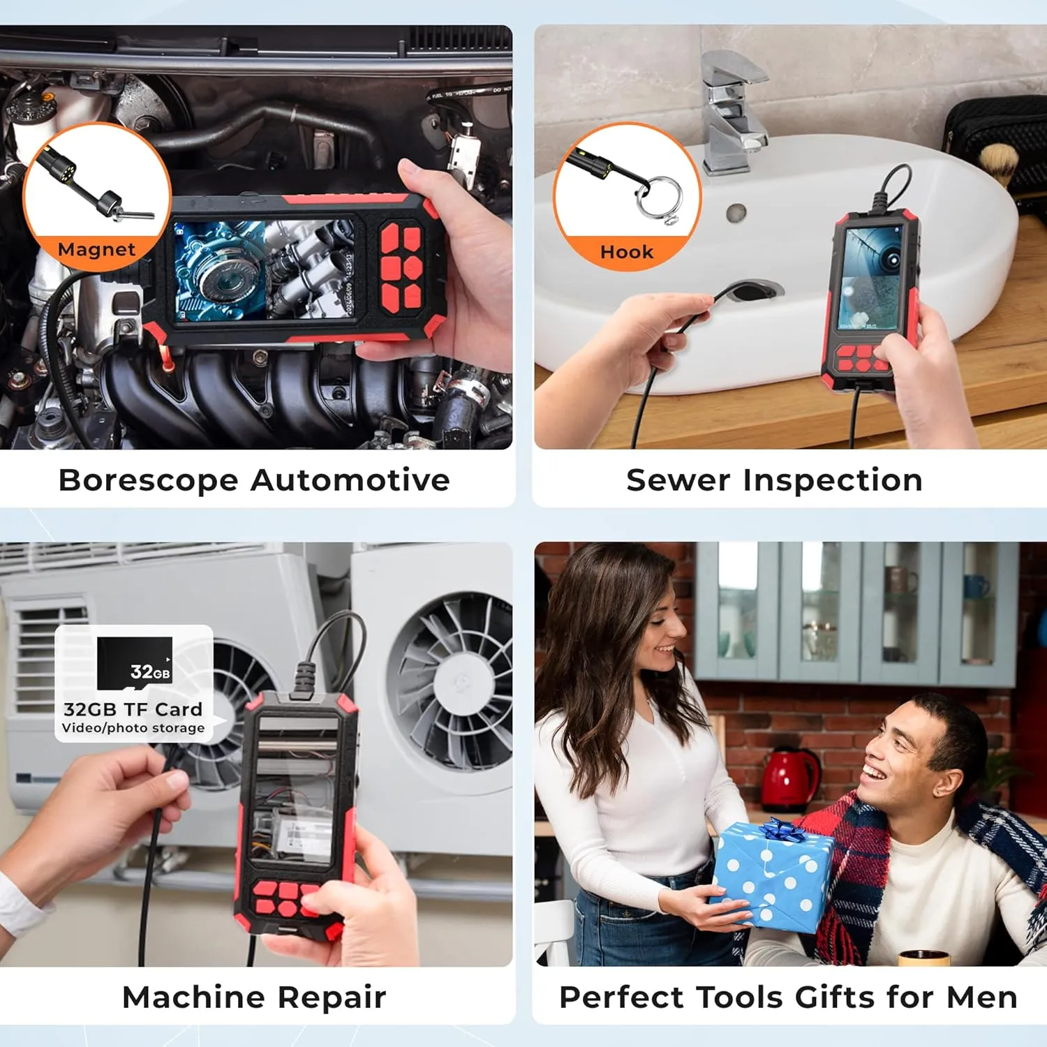Dual Lens Endoscope Camera with Light, 1080P Industrial Borescope with 32GB Card - IP68 & 4.5" Sewer Inspection Camera with 16.5FT Semi-Rigid Cable, Birthday Gifts for Men, Tools Cool Gadgets - Red
