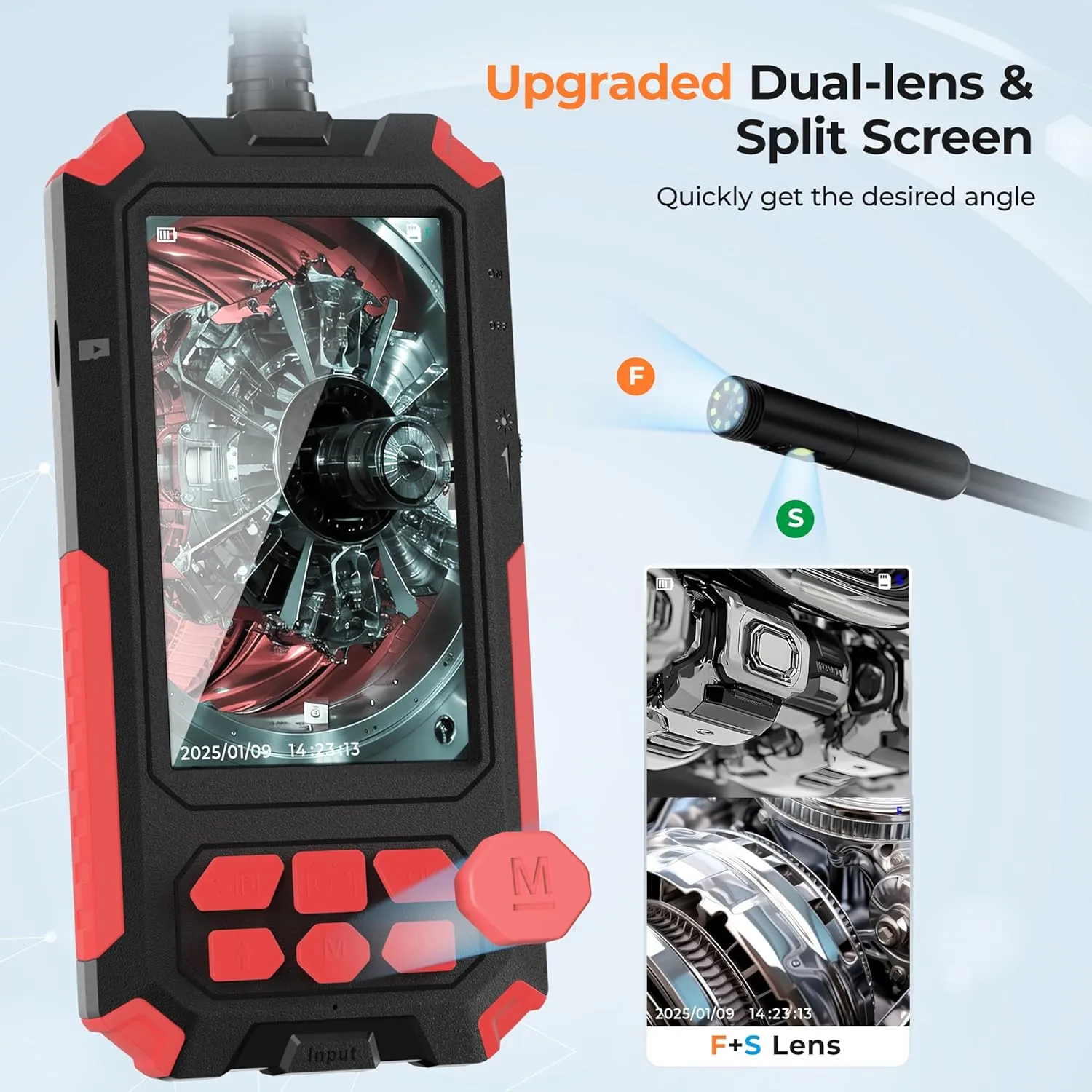 Dual Lens Endoscope Camera with Light, 1080P Industrial Borescope with 32GB Card - IP68 & 4.5" Sewer Inspection Camera with 16.5FT Semi-Rigid Cable, Birthday Gifts for Men, Tools Cool Gadgets - Red