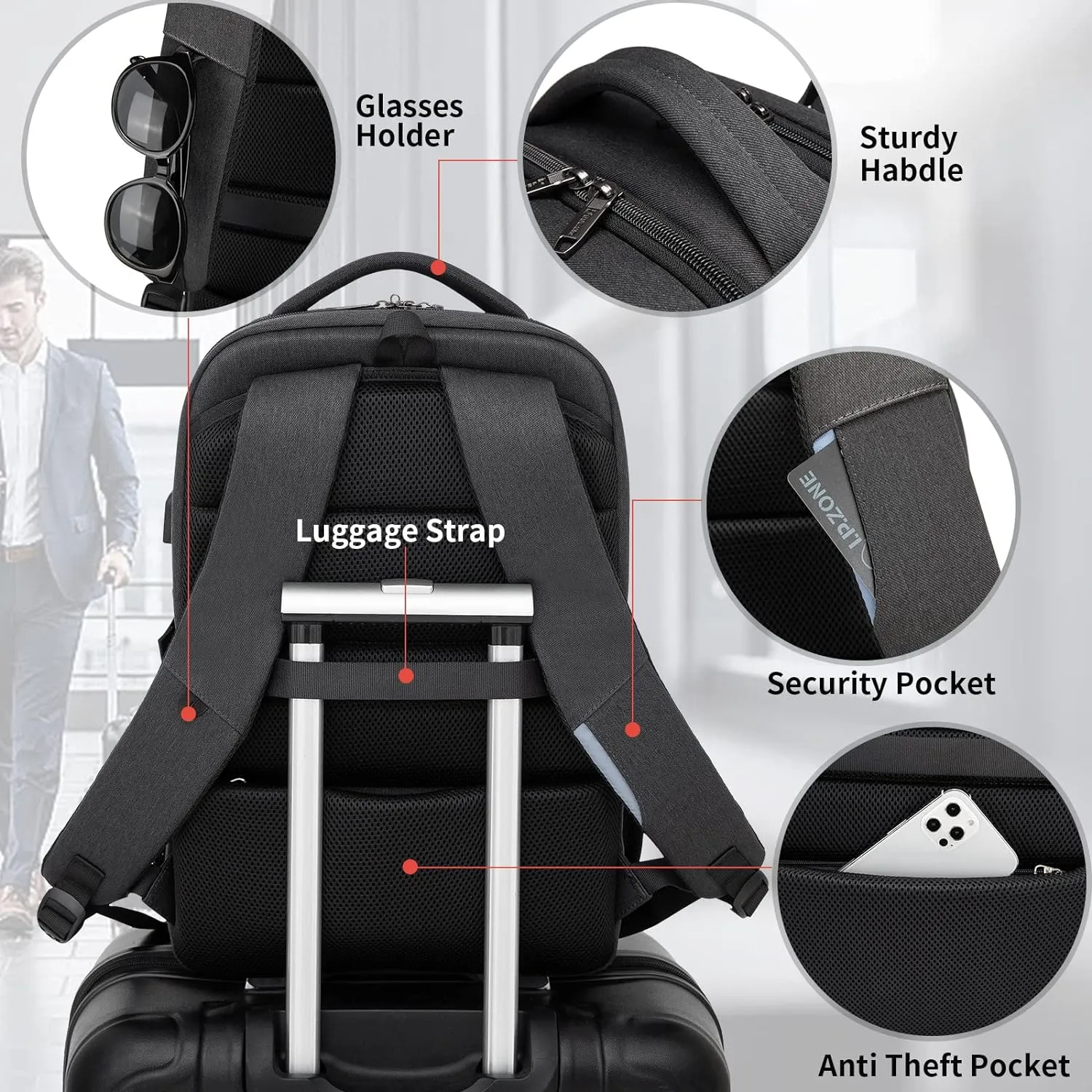 DUSLANG 17 Inch Laptop Backpack for Travel Water Resistant College Backpack for Men/Women Laptop Bag with USB Charging Port and Flower Keychain for backpack, Black