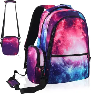 E-Clover Galaxy Backpack for Girls Kids Bookbag Water Resistant Backpacks Elementary School Bag with Removable Shoulder Bag