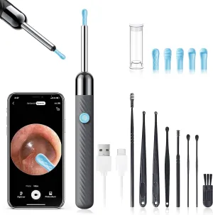 Ear Wax Removal - Earwax Remover Tool with 8 Pcs Ear Set - Ear Cleaner with Camera - Earwax Removal Kit with Light - Ear Camera with 6 Ear Spoon - Ear Cleaner for iOS & Android (Gray)