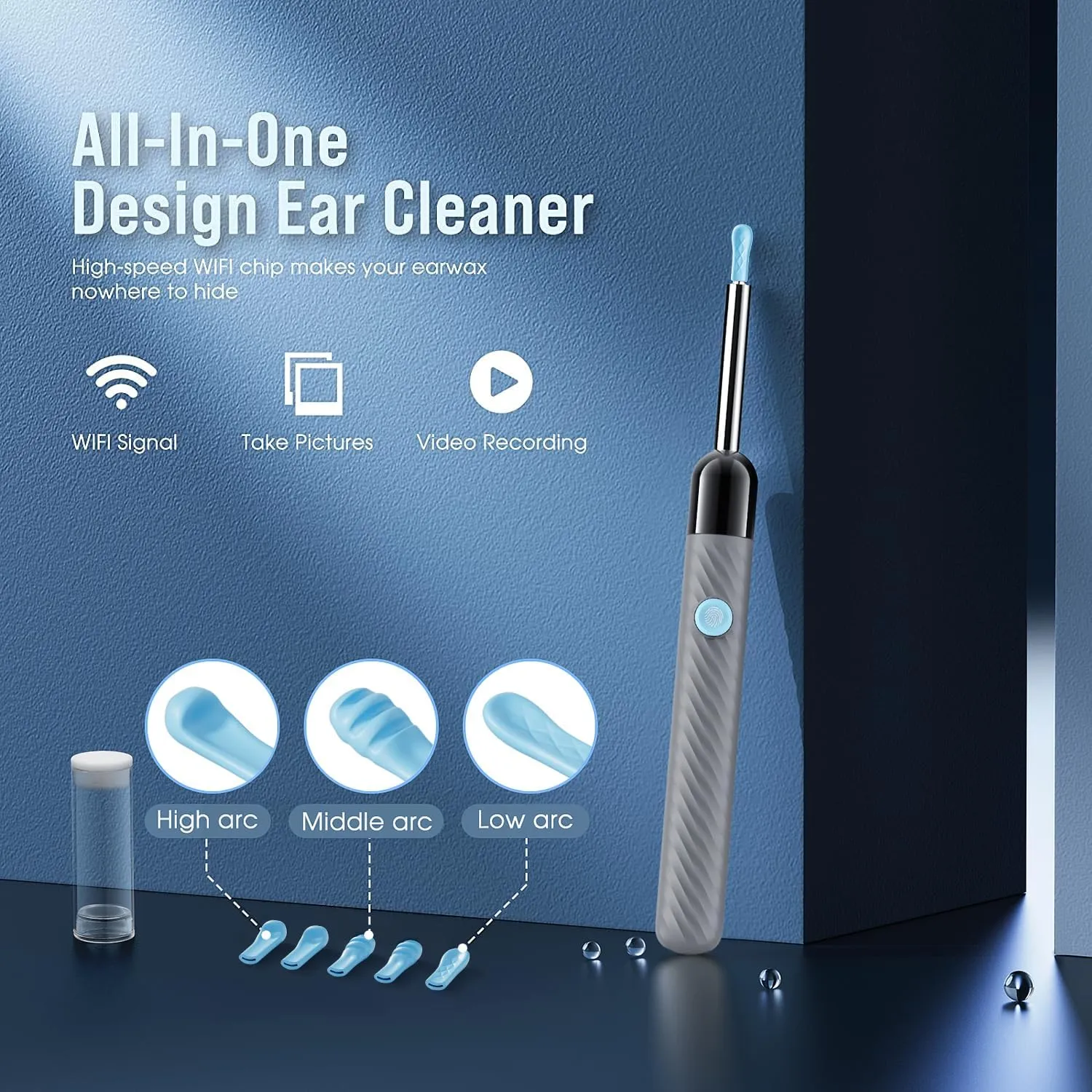 Ear Wax Removal - Earwax Remover Tool with 8 Pcs Ear Set - Ear Cleaner with Camera - Earwax Removal Kit with Light - Ear Camera with 6 Ear Spoon - Ear Cleaner for iOS & Android (Gray)