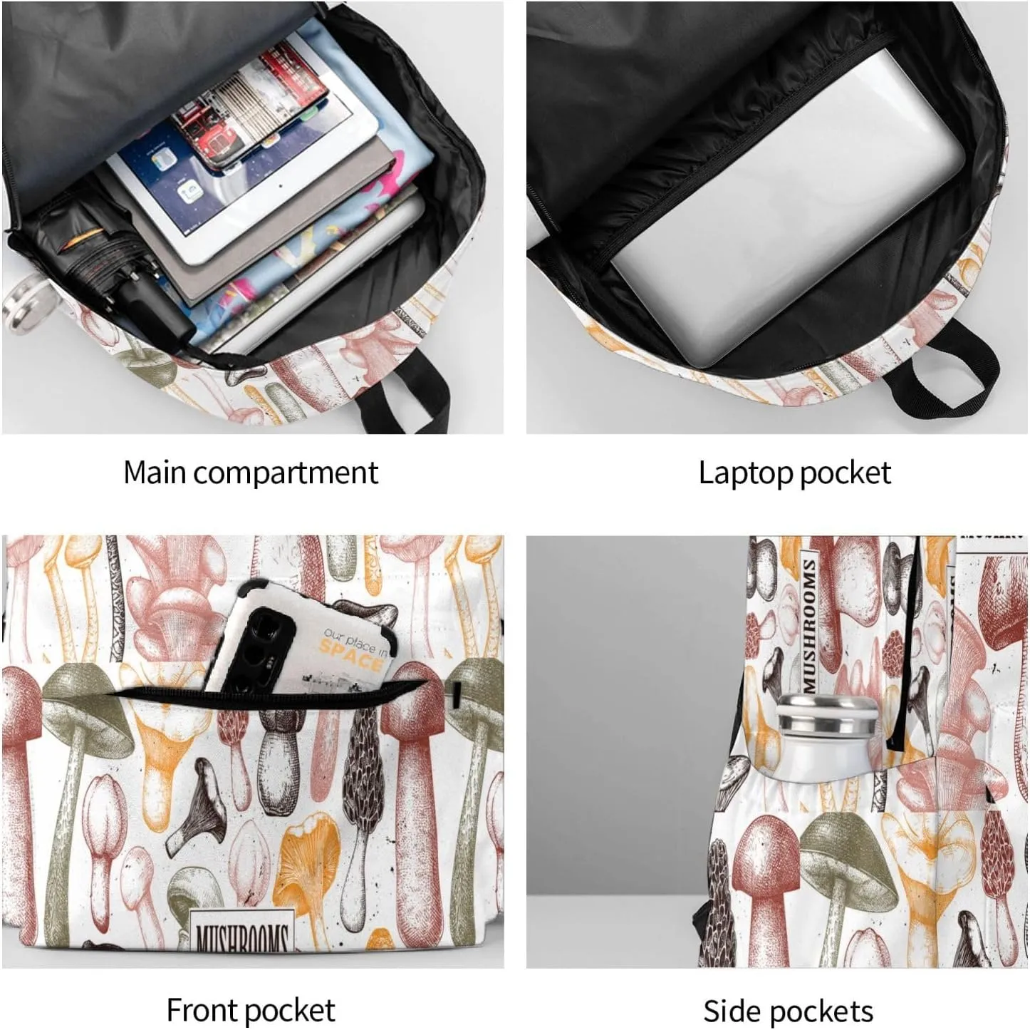 Edible Mushrooms Healthy Food Template Laptop Commuter Backpack Shoulder Bag Casual Back Pack Daypack Bags With Side Pockets For Work Travel Daily Use