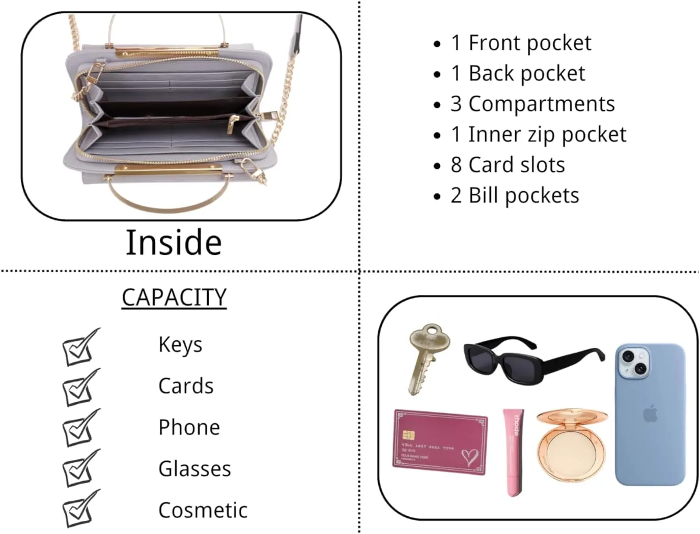 Elegant Crossbody Cell Phone Wallet on Chain Purse with Metal Bar and Top Handle Formal Evening Clutch