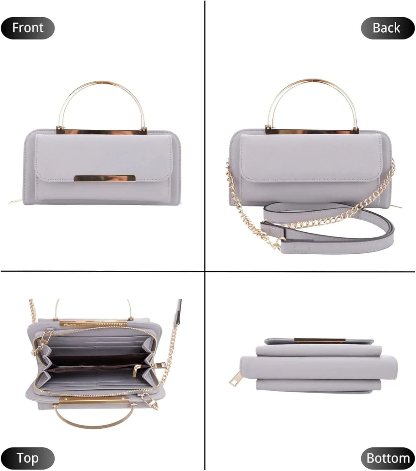 Elegant Crossbody Cell Phone Wallet on Chain Purse with Metal Bar and Top Handle Formal Evening Clutch