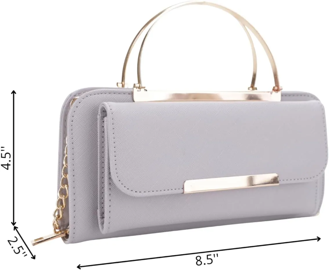 Elegant Crossbody Cell Phone Wallet on Chain Purse with Metal Bar and Top Handle Formal Evening Clutch