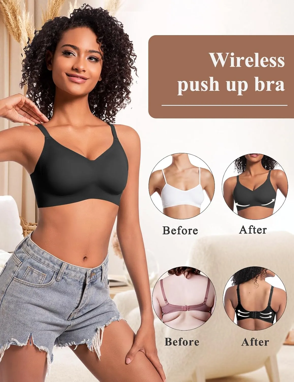 Eleplus Women's Seamless Wireless Bras Comfortable Padded T-Shirt Push Up Bralettes Pack