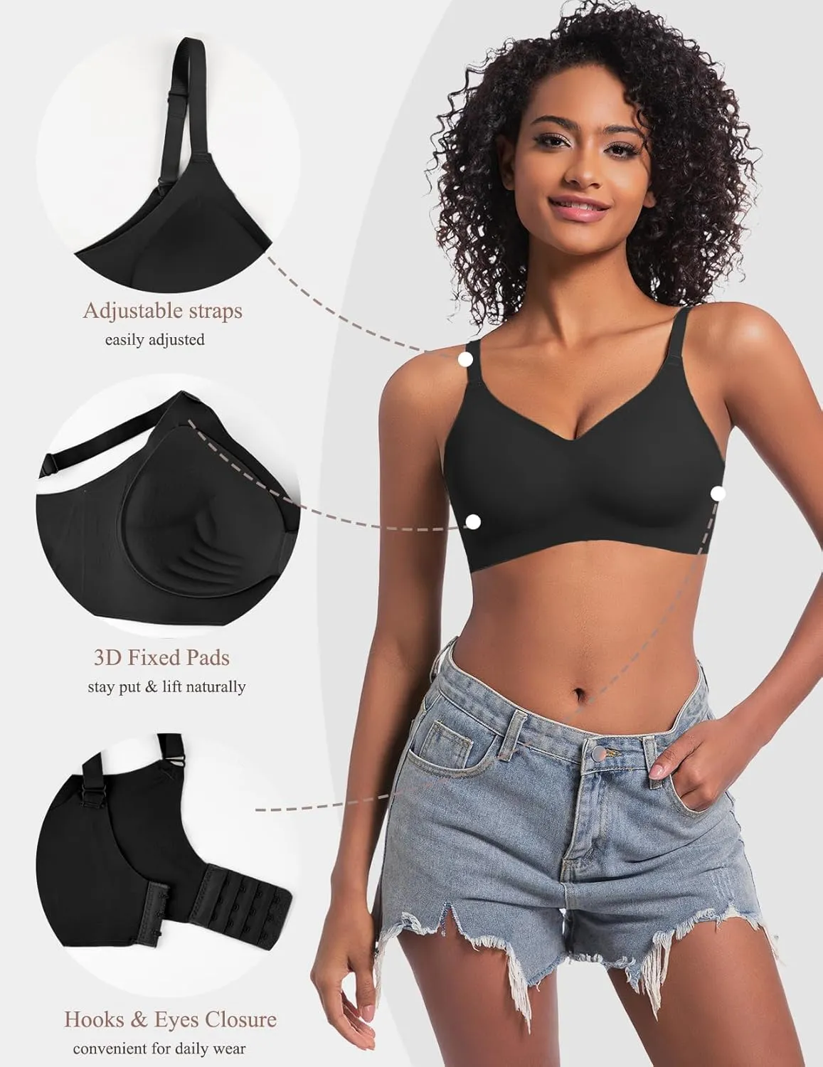 Eleplus Women's Seamless Wireless Bras Comfortable Padded T-Shirt Push Up Bralettes Pack
