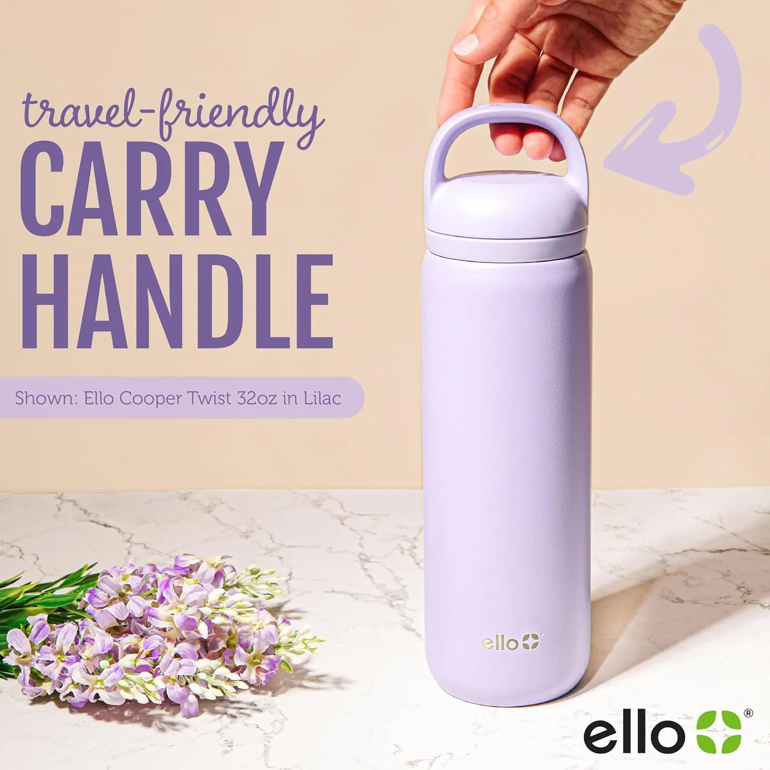 Ello Cooper Twist 40oz Stainless Steel Water Bottle with Chug Lid | Leak Proof | Double Walled and Vacuum Insulated | Built in Carry Loop | Dishwasher Safe | White