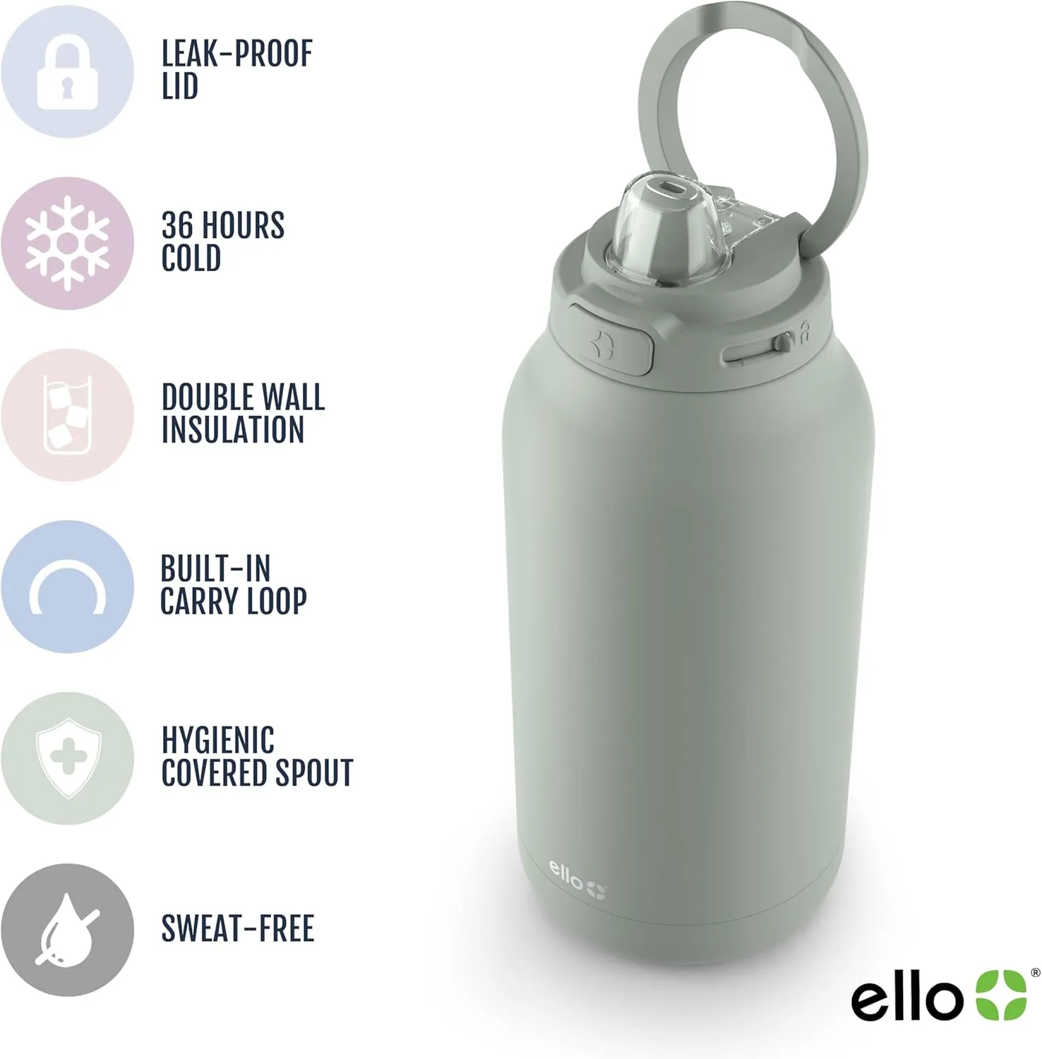 Ello Hydra 64oz Half Gallon Vacuum Insulated Stainless Steel Jug with Locking, Leak-Proof Lid and Soft Silicone Straw, Metal Reusable Water Bottle, Keeps Cold All Day