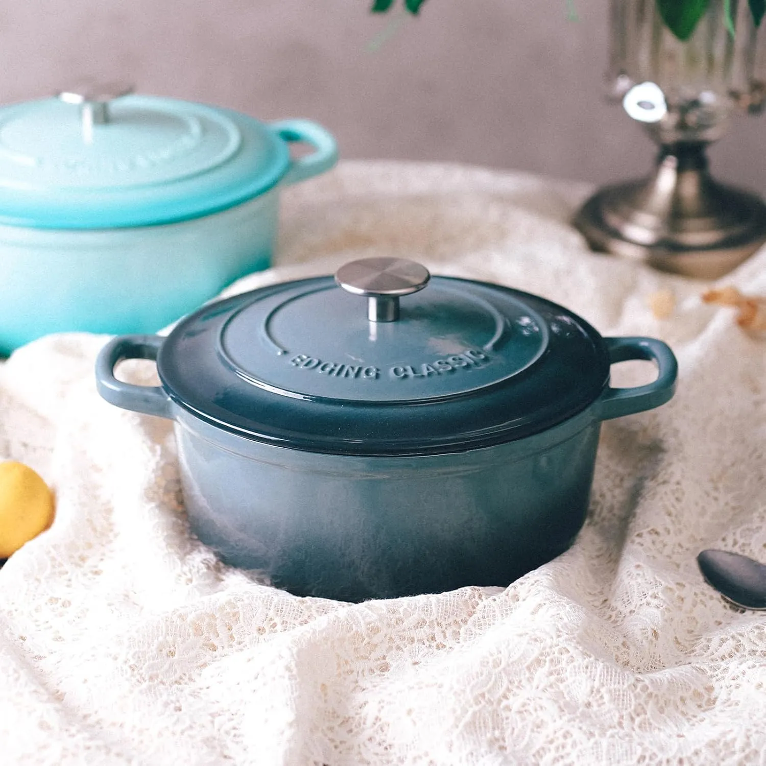 Enameled Cast Iron Covered 5.5 Quart Dutch Oven with Dual Handle, Slateblue