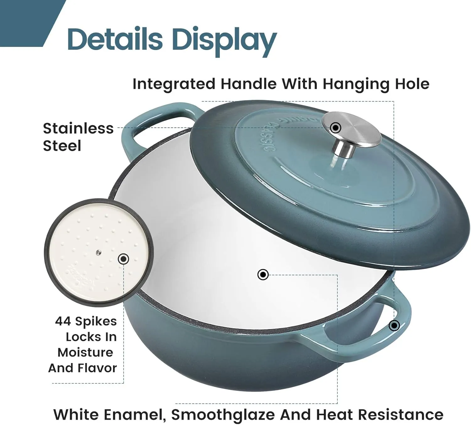 Enameled Cast Iron Covered 5.5 Quart Dutch Oven with Dual Handle, Slateblue