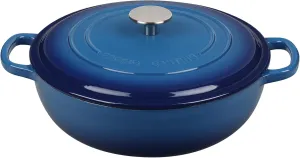 Enameled Cast Iron Dutch Oven Shallow Casserole Braiser with Dual Handle, 3.8 QT, Lake Blue