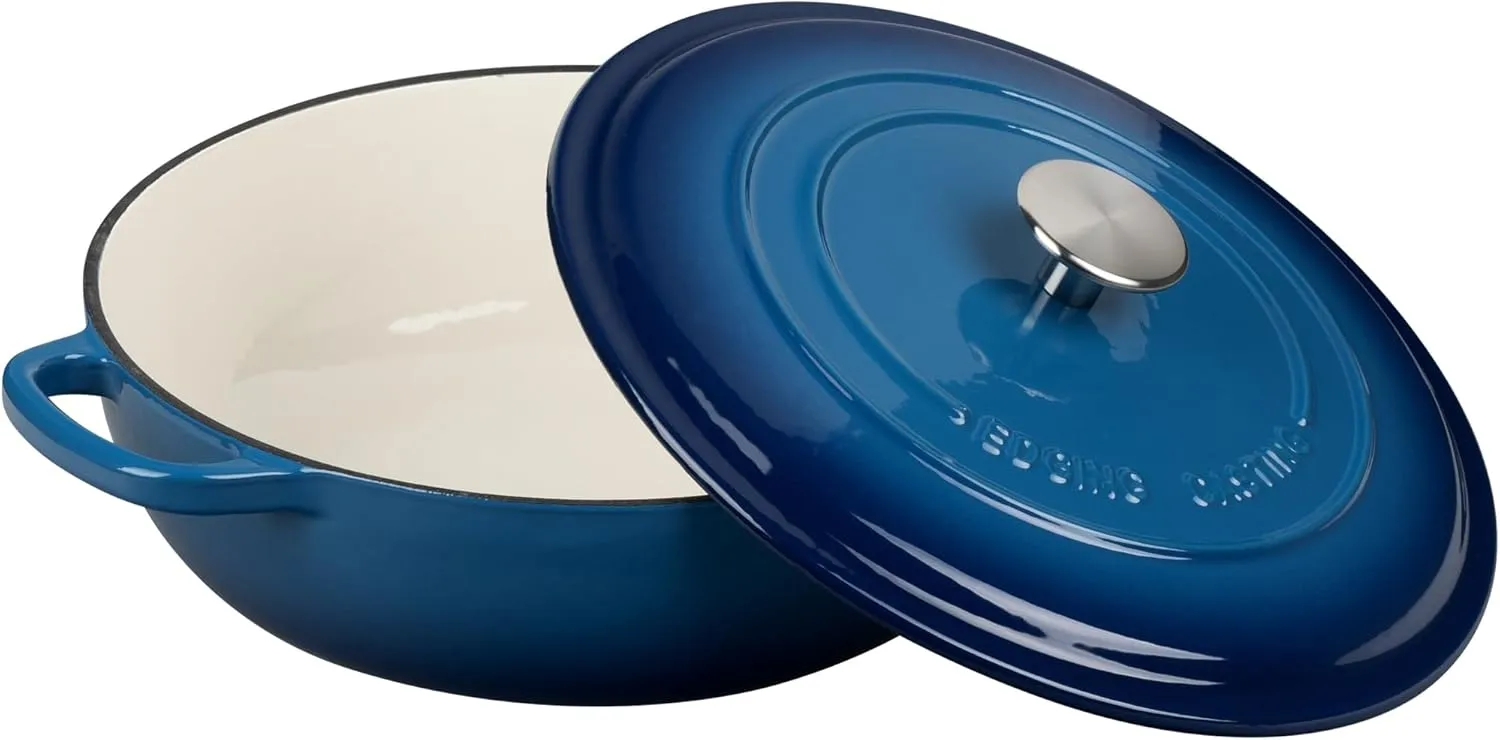 Enameled Cast Iron Dutch Oven Shallow Casserole Braiser with Dual Handle, 3.8 QT, Lake Blue