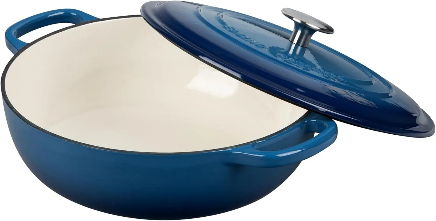 Enameled Cast Iron Dutch Oven Shallow Casserole Braiser with Dual Handle, 3.8 QT, Lake Blue