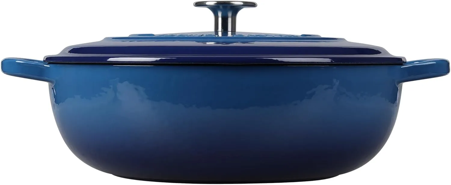 Enameled Cast Iron Dutch Oven Shallow Casserole Braiser with Dual Handle, 3.8 QT, Lake Blue