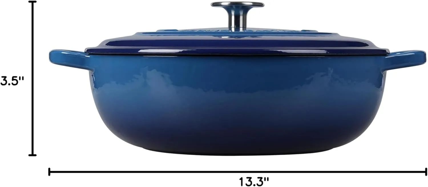 Enameled Cast Iron Dutch Oven Shallow Casserole Braiser with Dual Handle, 3.8 QT, Lake Blue