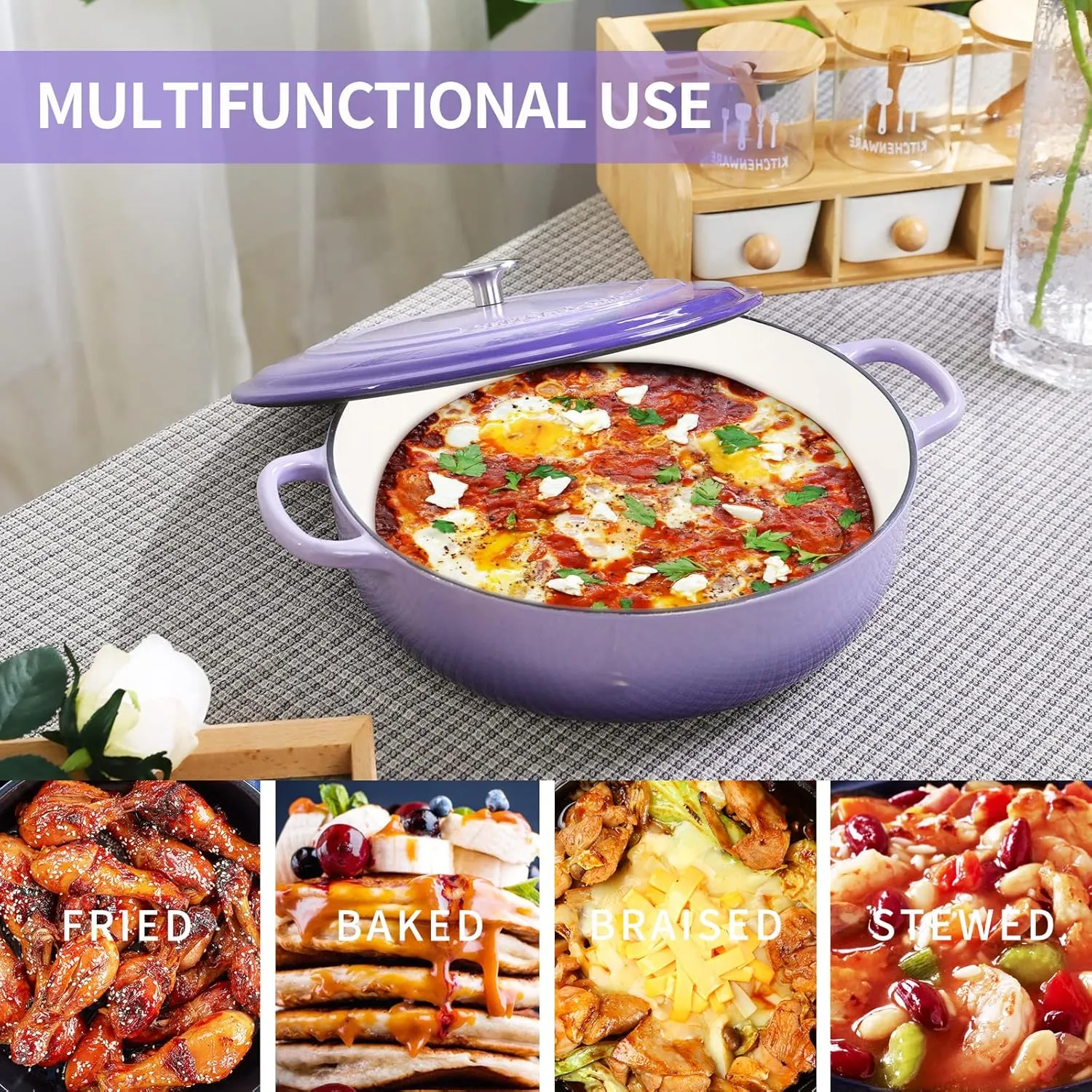 Enameled Cast Iron Dutch Oven Shallow Casserole Braiser with Dual Handle, 3.8 QT, Purple