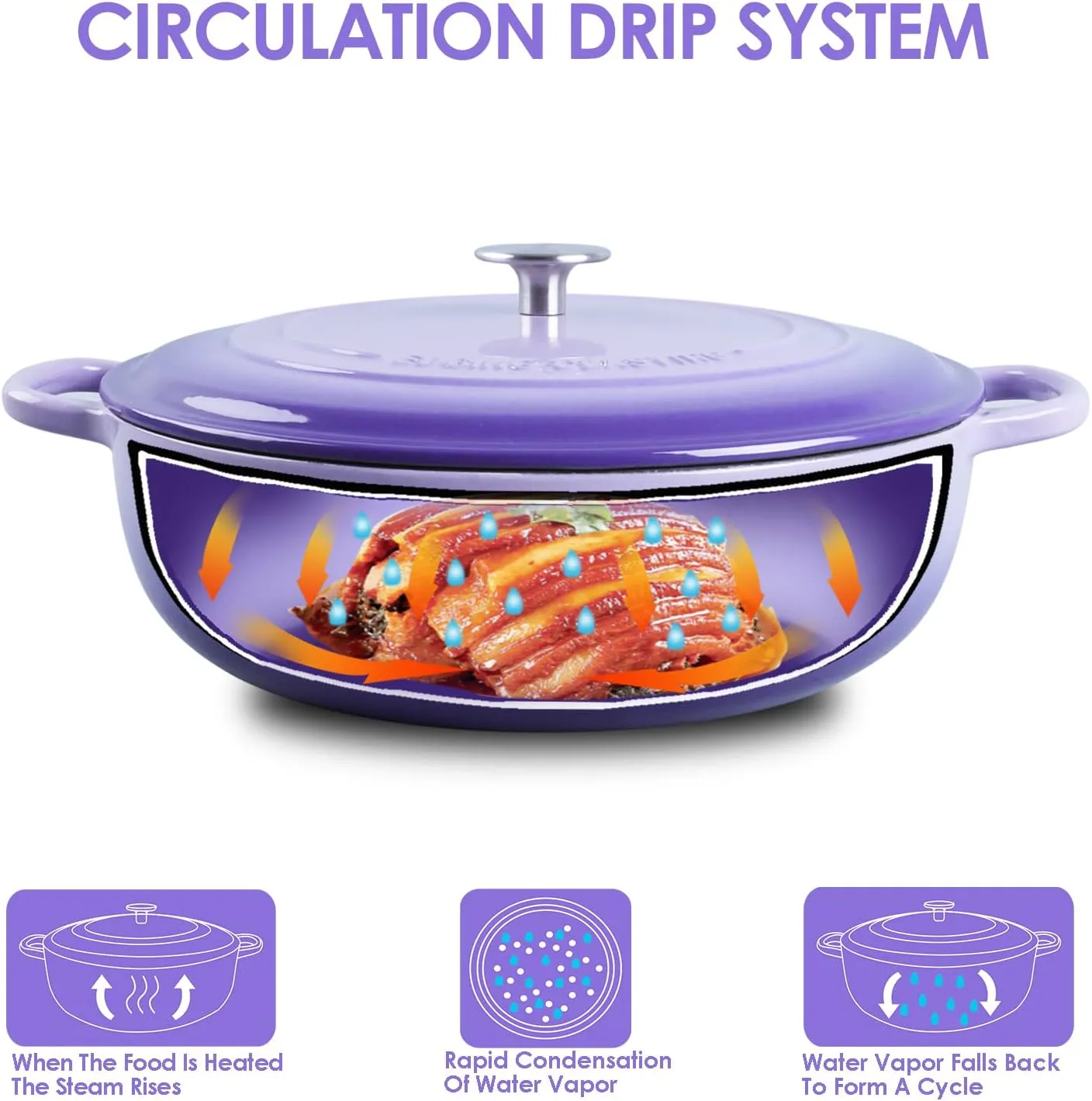 Enameled Cast Iron Dutch Oven Shallow Casserole Braiser with Dual Handle, 3.8 QT, Purple