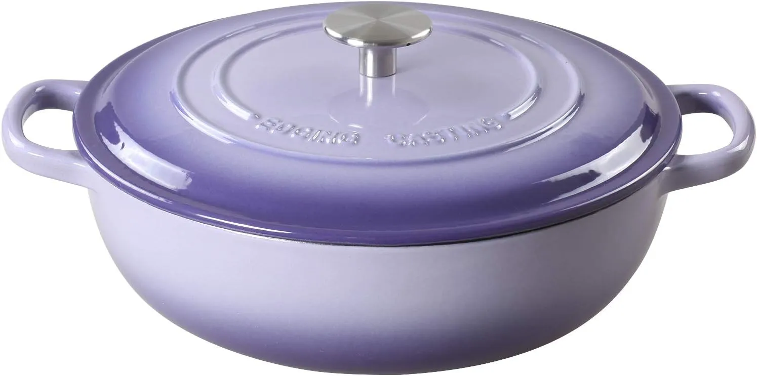 Enameled Cast Iron Dutch Oven Shallow Casserole Braiser with Dual Handle, 3.8 QT, Purple