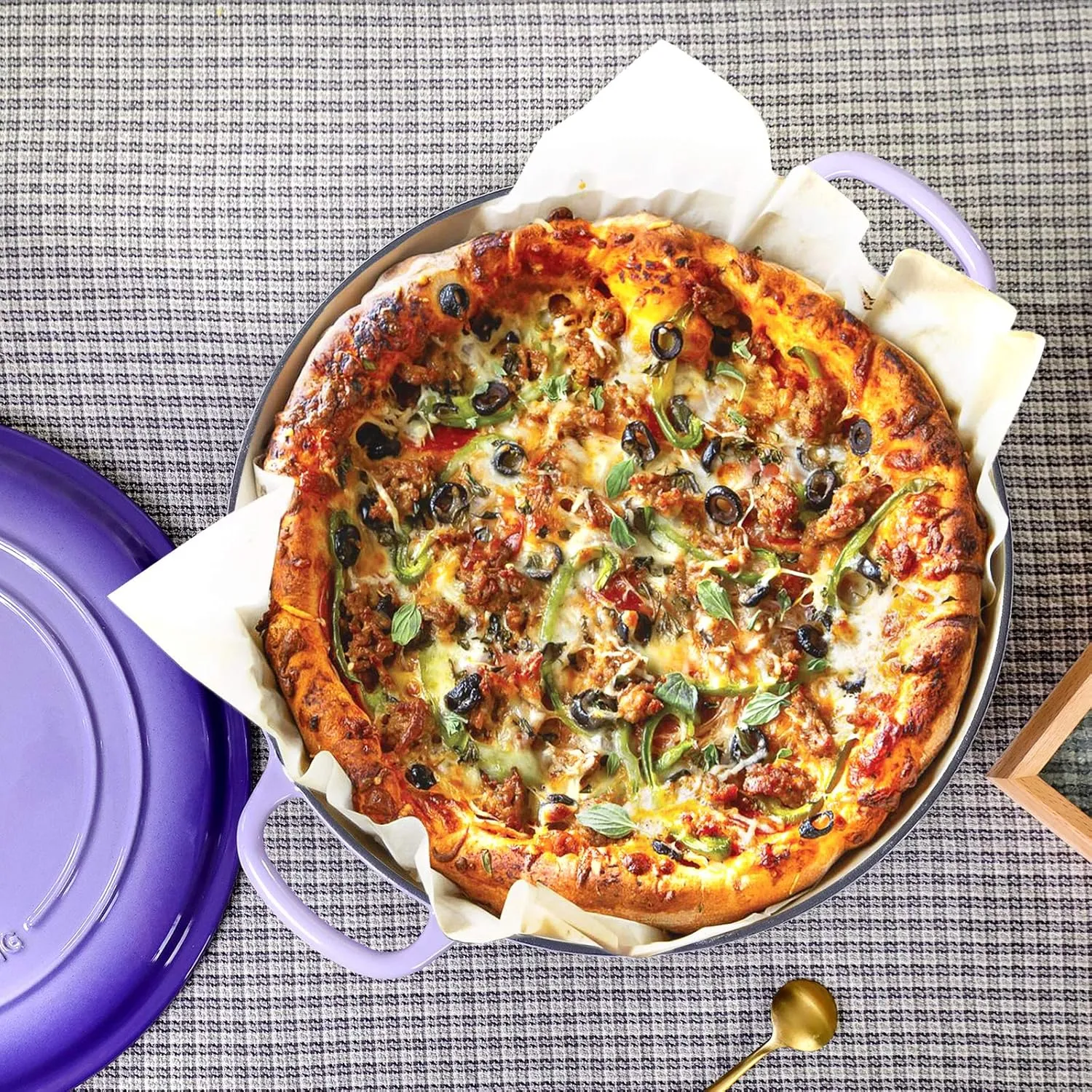 Enameled Cast Iron Dutch Oven Shallow Casserole Braiser with Dual Handle, 3.8 QT, Purple