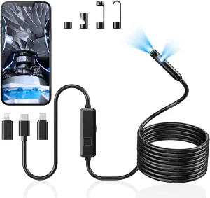 Endoscope Camera with Light, Dual-Lens 1920P HD Borescope with 8 Adjustable LED Lights, IP67 Waterproof Boroscope Inspection Tools, 16.4ft Semi-Rigid Snake Camera for iOS & Android