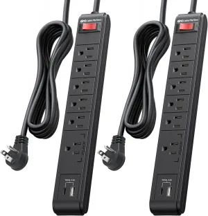 [ETL Listed] Cable Matters 2-Pack 6-Outlet Surge Protector Power Strip with USB C and USB Ports - 8ft Extension Cord, Surge Protector with USBC with 3.4A Total Charging Output, Black