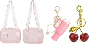 Everyday Mini Gym Bag and 2pcs Cute Mini Tumbler Keychain and Red Cherry Charm Keychain - Pink
