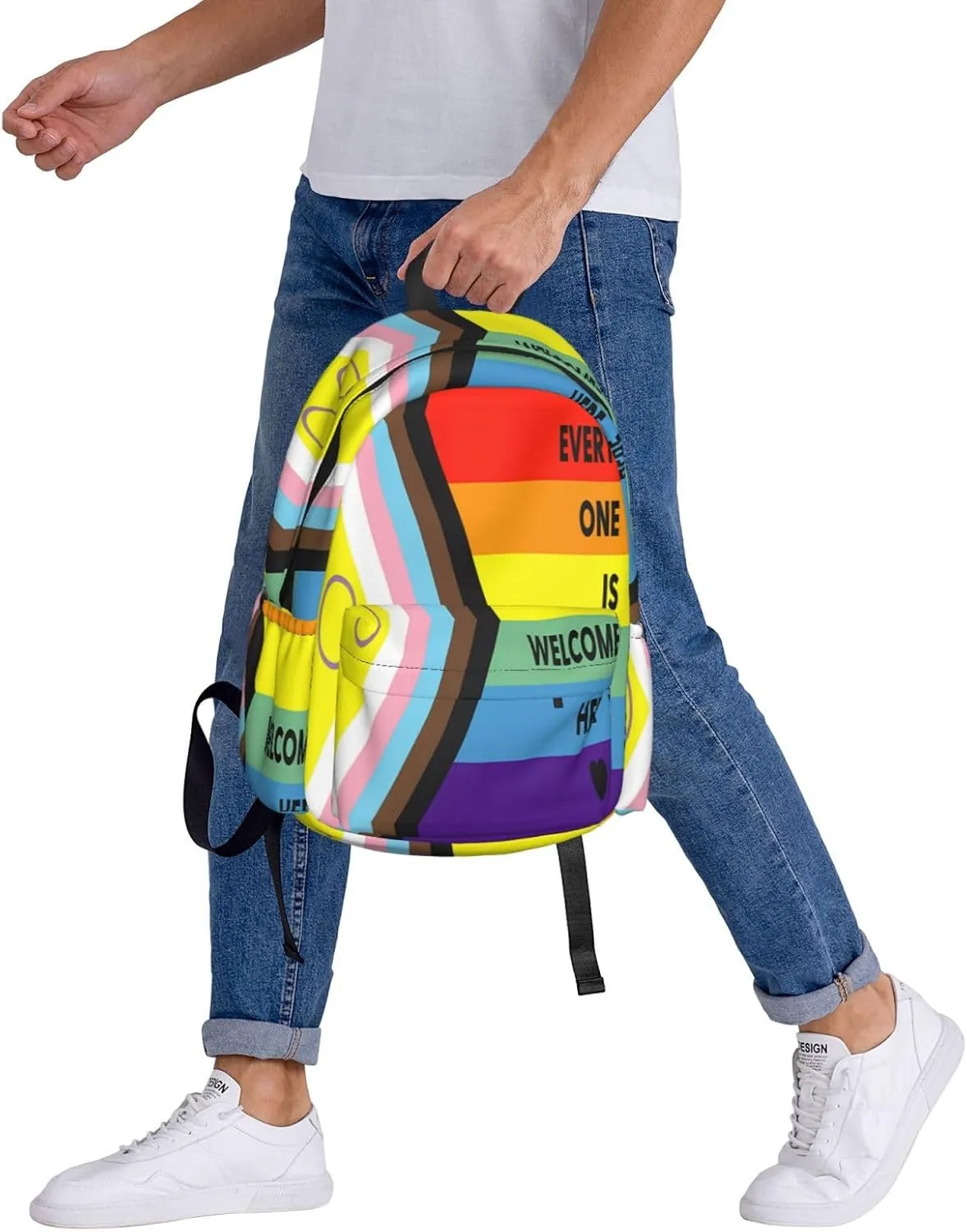 Everyone Is Welcome Here LGBT Gay Rainbow Pride Flag 17 Inch Casual Backpack Laptop Backpacks Travel Back Pack Large Camping Rucksack Hiking Daypack Lightweight Double Shoulder Bag