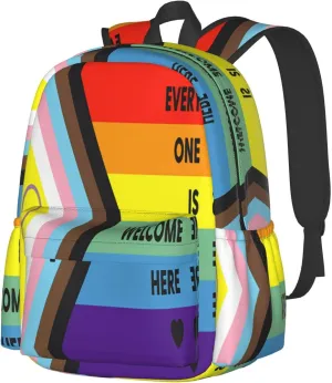 Everyone Is Welcome Here LGBT Gay Rainbow Pride Flag 17 Inch Casual Backpack Laptop Backpacks Travel Back Pack Large Camping Rucksack Hiking Daypack Lightweight Double Shoulder Bag