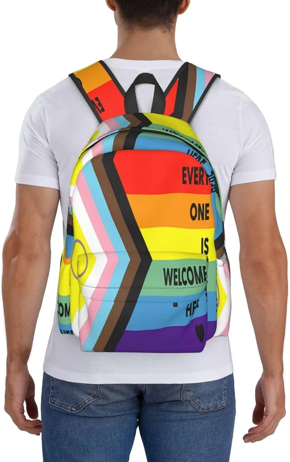 Everyone Is Welcome Here LGBT Gay Rainbow Pride Flag 17 Inch Casual Backpack Laptop Backpacks Travel Back Pack Large Camping Rucksack Hiking Daypack Lightweight Double Shoulder Bag