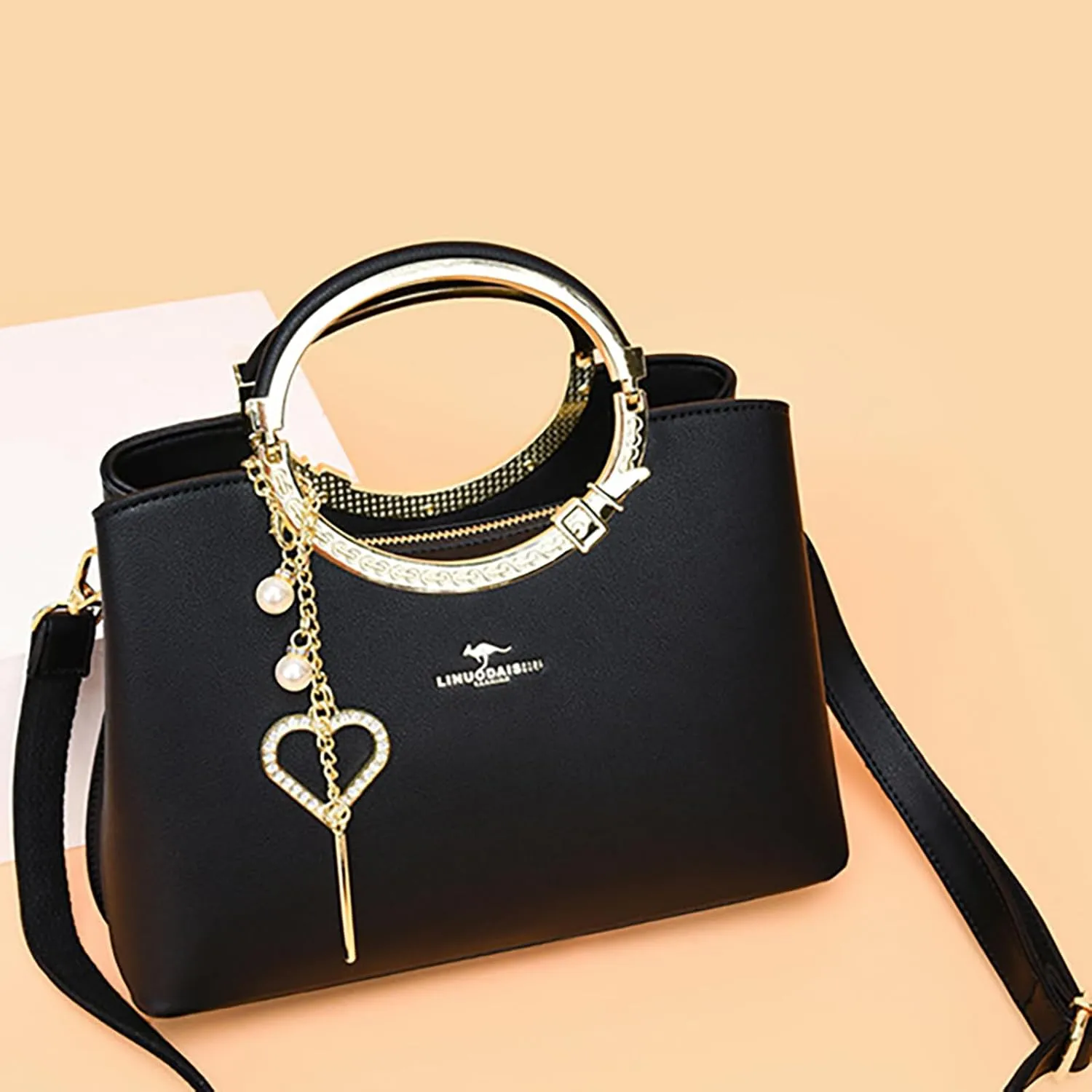 Exquisite Real Genuine Leather Metal Ring Handle Bag For Women Crossbody Handbags With Shoulder Strap For Women