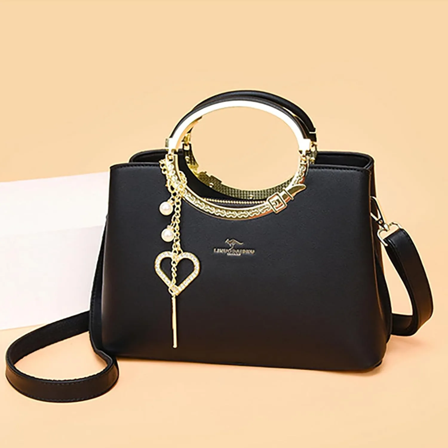 Exquisite Real Genuine Leather Metal Ring Handle Bag For Women Crossbody Handbags With Shoulder Strap For Women
