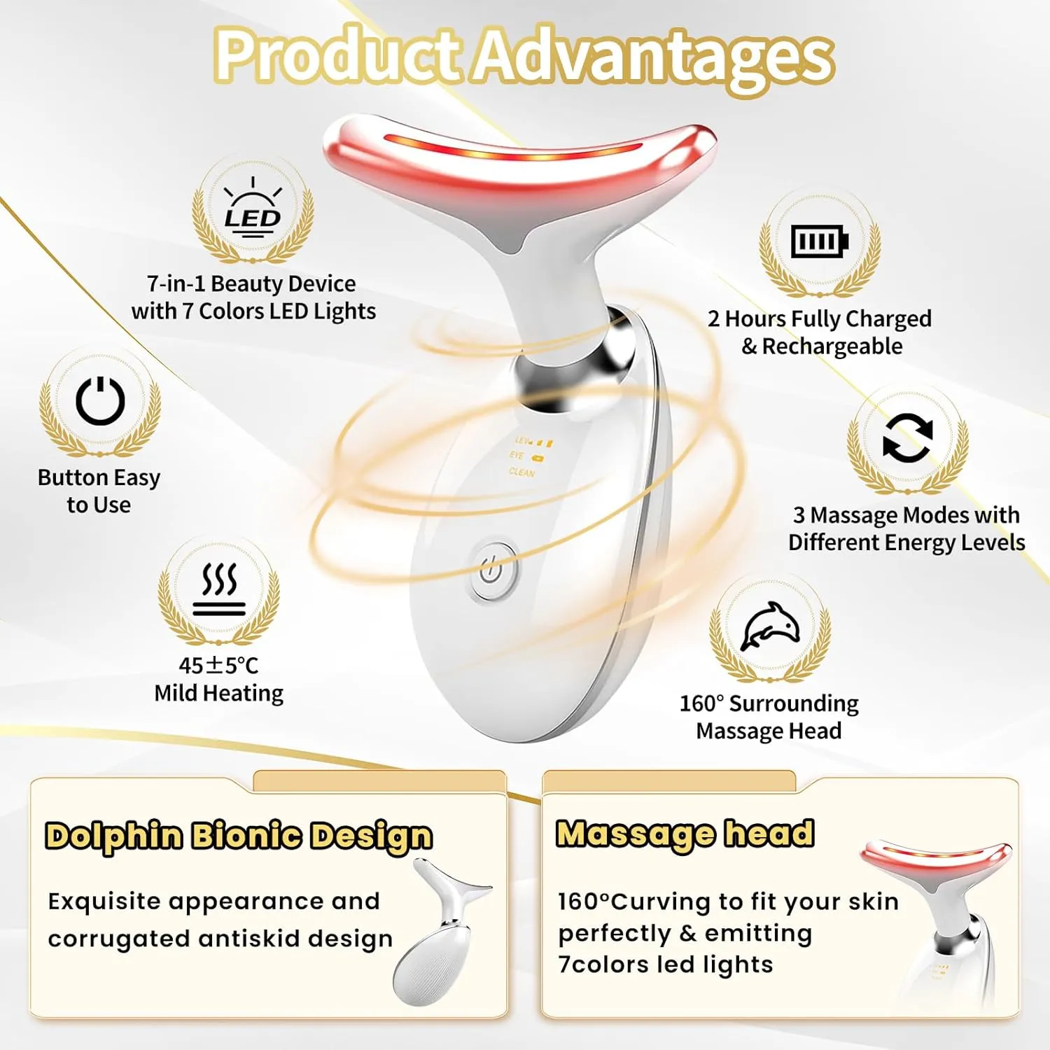 Face Light Therapy Device, Based on Triple Action LED, Thermal, and Vibration Technologies, Face and Neck Beauty Device with 7 Color LED for Home Use, Improve Skin(Glossy White)
