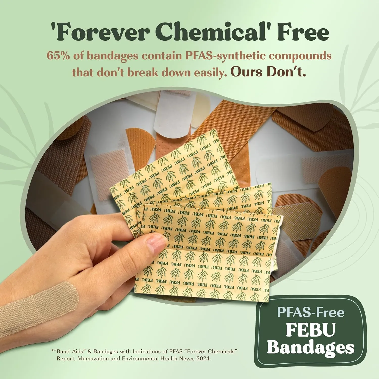 FEBU Organic Bamboo Fabric Bandages | PFAS Free | Flexible & Latex Free | Compostable | 200 Count Bulk Variety Pack
