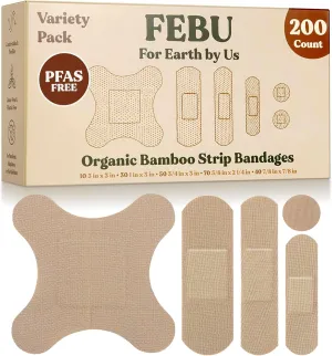 FEBU Organic Bamboo Fabric Bandages | PFAS Free | Flexible & Latex Free | Compostable | 200 Count Bulk Variety Pack