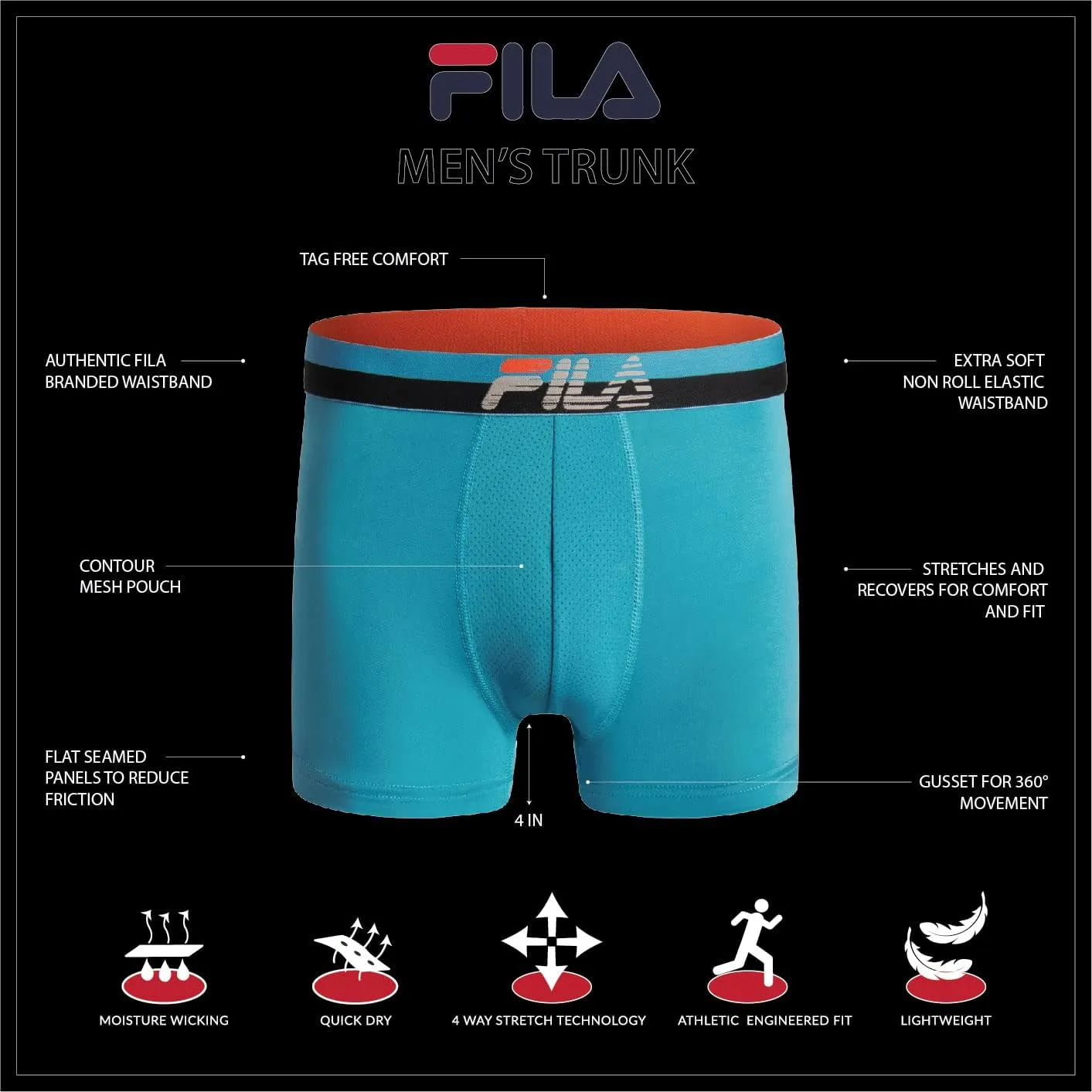 Fila Men's 6" Trunk No Fly Front with Pouch, Jersey & Mesh, 4-Pack