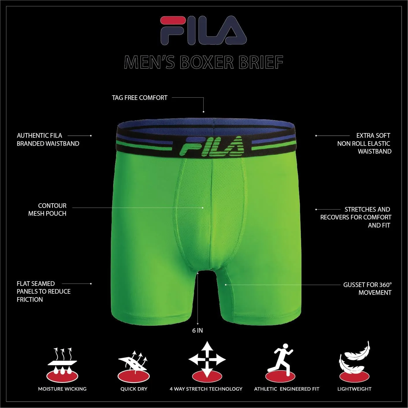 Fila Men's 6" Trunk No Fly Front with Pouch, Jersey & Mesh, 4-Pack