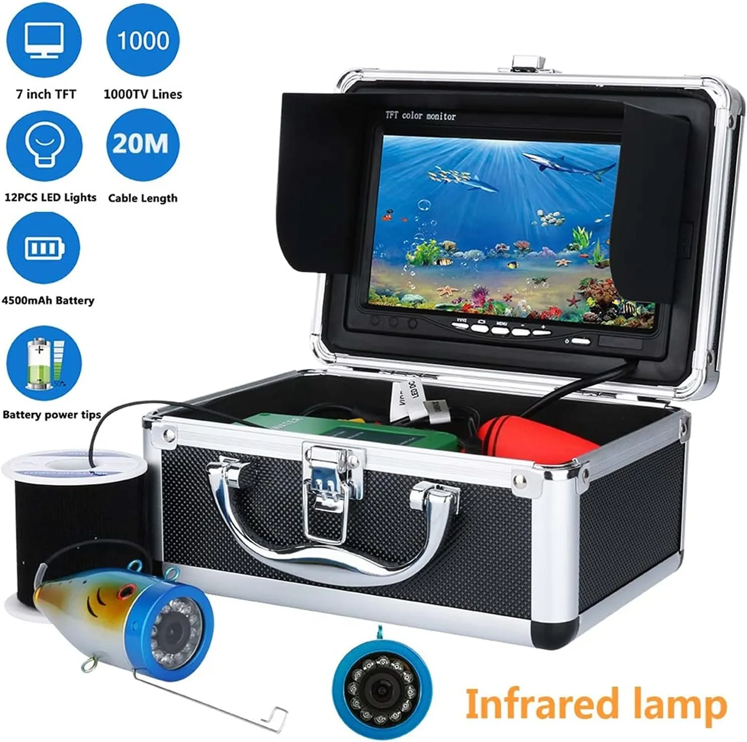 Fishing Camera, 7 Inch 1000tvl Underwater Fishing Video Camera Kit 12 PCS LED Infrared Lamp Lights Video Fish Finder Lake Underwater Fish Cam(F007M-20M-IR)