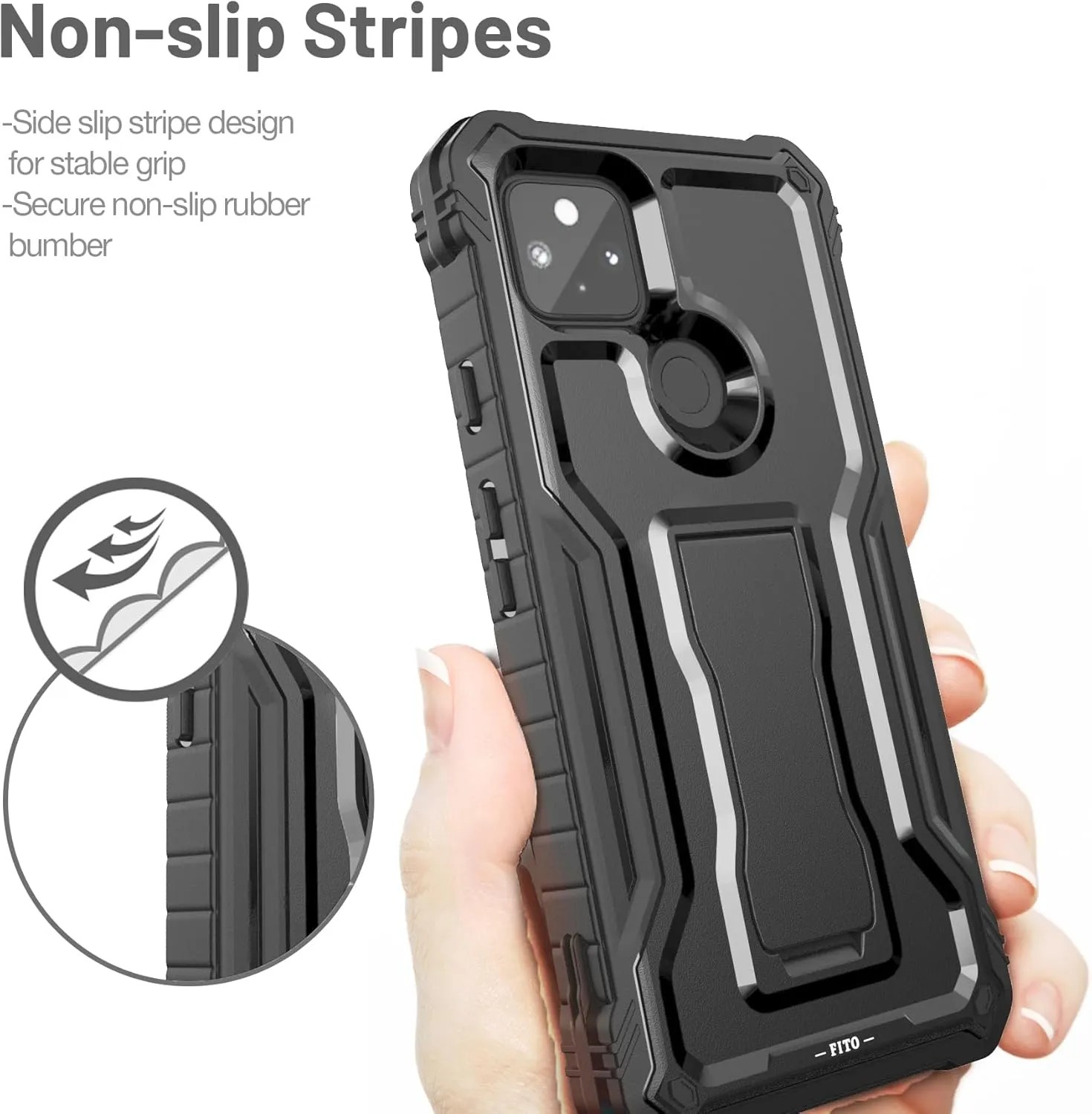 FITO for Google Pixel 5A Case, Dual Layer Shockproof Heavy Duty Case with Screen Protector, Built-in Kickstand (Black)