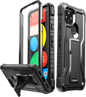 FITO for Google Pixel 5A Case, Dual Layer Shockproof Heavy Duty Case with Screen Protector, Built-in Kickstand (Black)