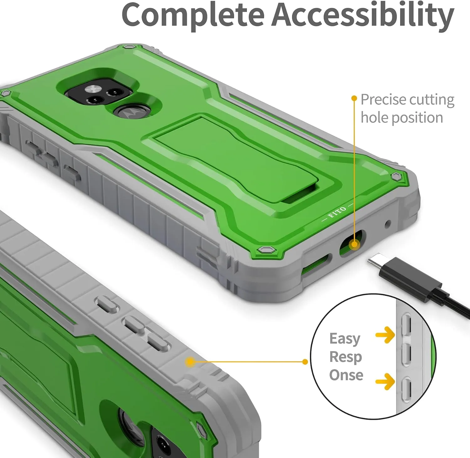 FITO for Moto G Play 2021 Case, Dual Layer Shockproof Heavy Duty Case with Screen Protector Built-in Kickstand (Green)