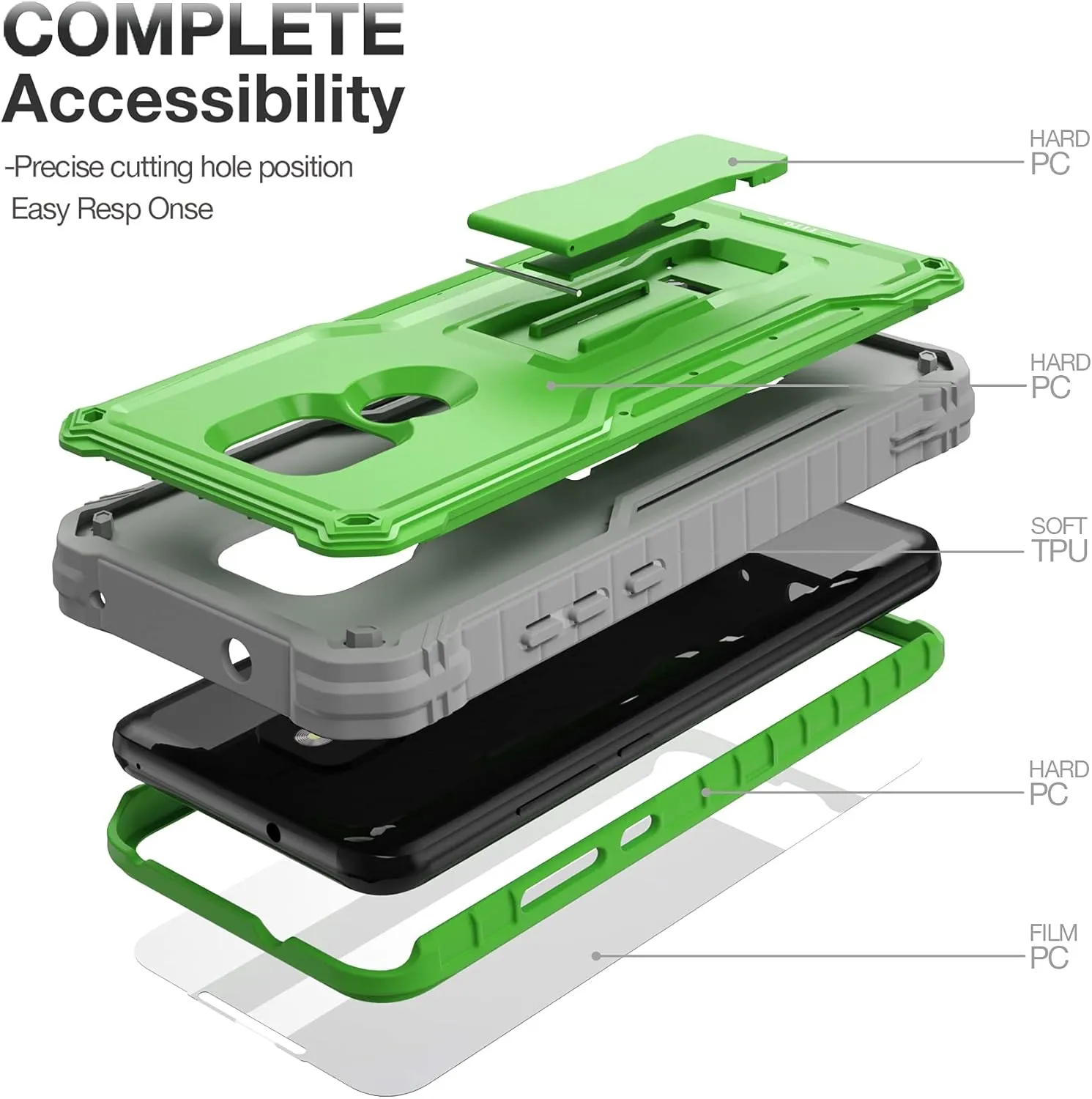 FITO for Moto G Play 2021 Case, Dual Layer Shockproof Heavy Duty Case with Screen Protector Built-in Kickstand (Green)